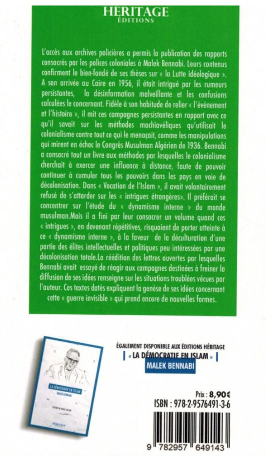 Couverture du livre Textes sur la Lutte Idéologique de Malek Bennabi, posée debout sur une pierre dans un décor automnal tamisé. Le cadre naturel, baigné de lumière dorée et de feuilles tombantes, met en valeur le vert du livre, évoquant la clarté intellectuelle et la résistance face à la guerre des idées. Une mise en scène élégante et profonde, idéale pour la boutique.