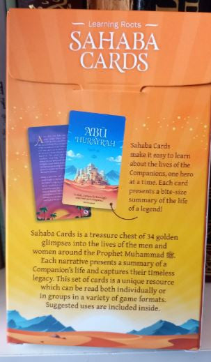 Jeu éducatif Sahaba Cards – Apprends à connaître les compagnons du Prophète ﷺ. Jeu de cartes interactif en anglais pour enfants, produit par Learning Roots, ludique et instructif pour découvrir les figures emblématiques de l’Islam.