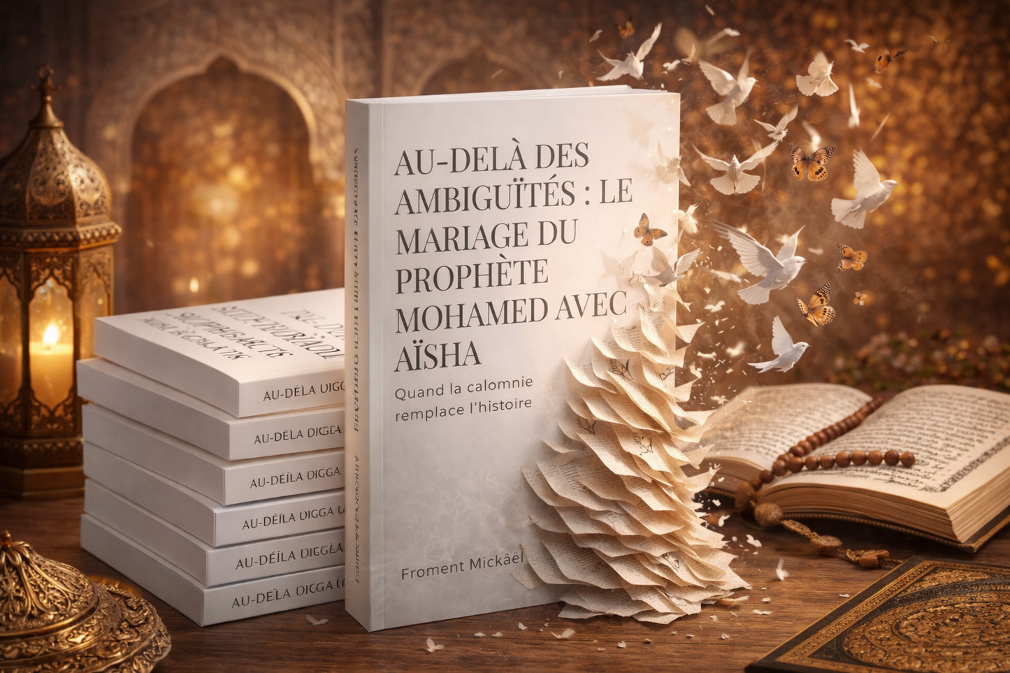 Livre “Au-delà des ambiguïtés : Le mariage du Prophète Mohamed avec Aïsha” de Froment Mickaël, édition brochée blanche en mise en scène 3D élégante avec décor oriental et ambiance chaleureuse.