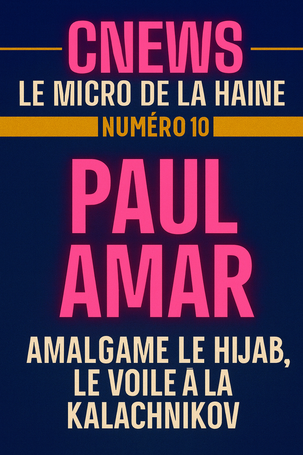 Couverture du livret CNews : Le Micro de la Haine – Numéro 10, édition engagée de la revue Une Parole Musulmane. Ce dixième numéro dénonce les propos islamophobes de Paul Amar sur la chaîne CNews, où il a scandaleusement associé le hijab et le voile à la kalachnikov. Une œuvre militante, percutante et visuellement marquante, qui défend la dignité des femmes musulmanes, la liberté religieuse et condamne les discours de haine diffusés dans les médias français.
