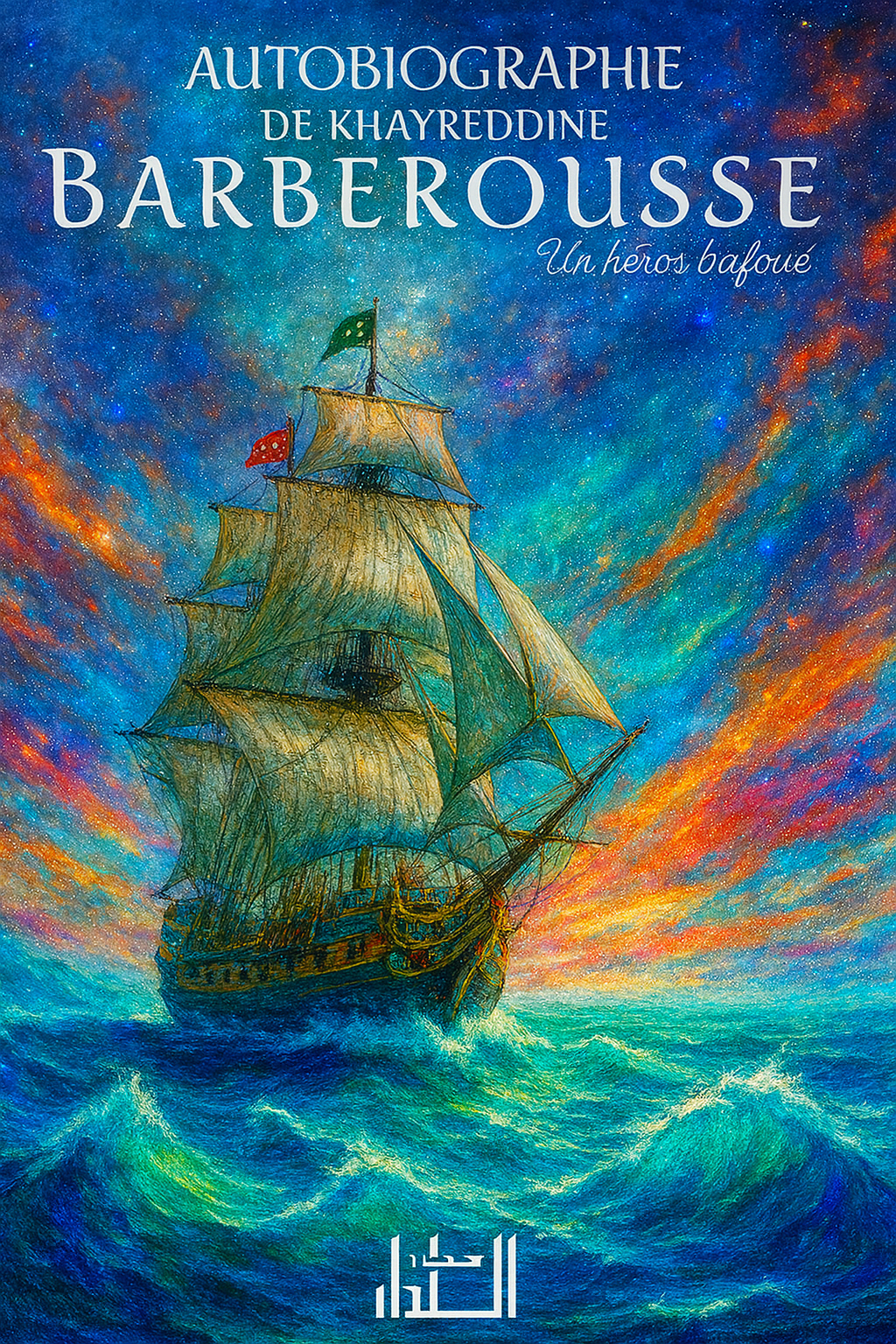 Couverture du livre Autobiographie de Khayreddine Barberousse – Un héros bafoué, publiée par les éditions Albidar. Illustration vibrante d’un grand voilier ottoman traversant une mer agitée sous un ciel étoilé aux couleurs flamboyantes. Le titre est affiché en lettres blanches élégantes, accompagné d’un style artistique inspiré de la peinture orientale marine. Un hommage visuel au célèbre corsaire et amiral ottoman Khayreddine Pacha.