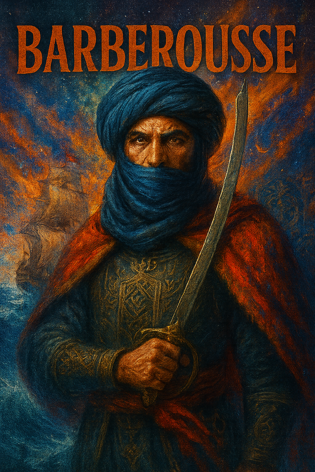 Couverture du livre Autobiographie de Khayreddine Barberousse – Un héros bafoué, publiée par les éditions Albidar. Illustration vibrante d’un grand voilier ottoman traversant une mer agitée sous un ciel étoilé aux couleurs flamboyantes. Le titre est affiché en lettres blanches élégantes, accompagné d’un style artistique inspiré de la peinture orientale marine. Un hommage visuel au célèbre corsaire et amiral ottoman Khayreddine Pacha.