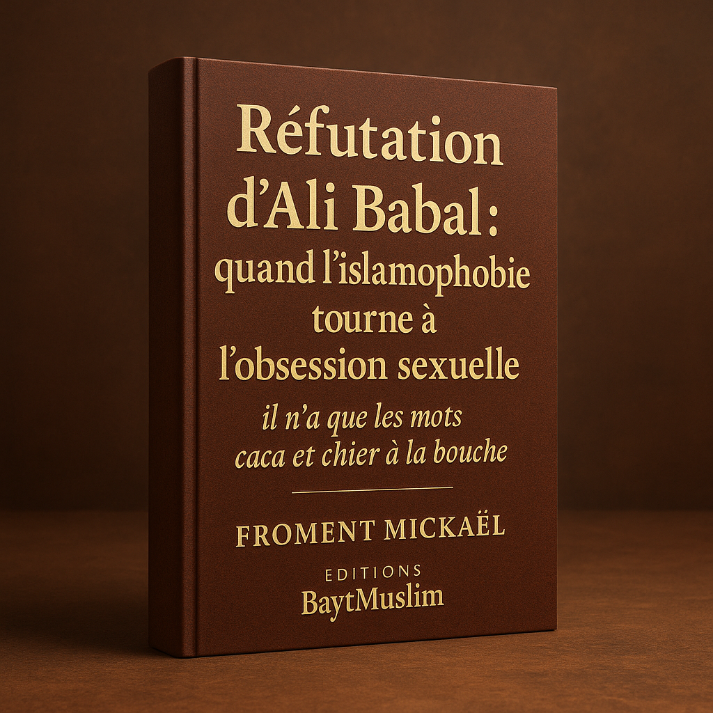 ALI BABAL INCROYABLE ISLAM - Couverture du livret islamique “Réfutation d’Ali Babal : quand l’islamophobie tourne à l’obsession sexuelle” de Froment Mickaël, Éditions BaytMuslim. Livre 3D couleurs chaudes HDR, posé sur un décor oriental. Ouvrage de 28 pages défendant le hadith authentique entre Sawda et ʿUmar (qu’Allah les agrée), expliquant la sagesse du hijab, la pudeur et la dignité des épouses du Prophète ﷺ face aux attaques islamophobes.