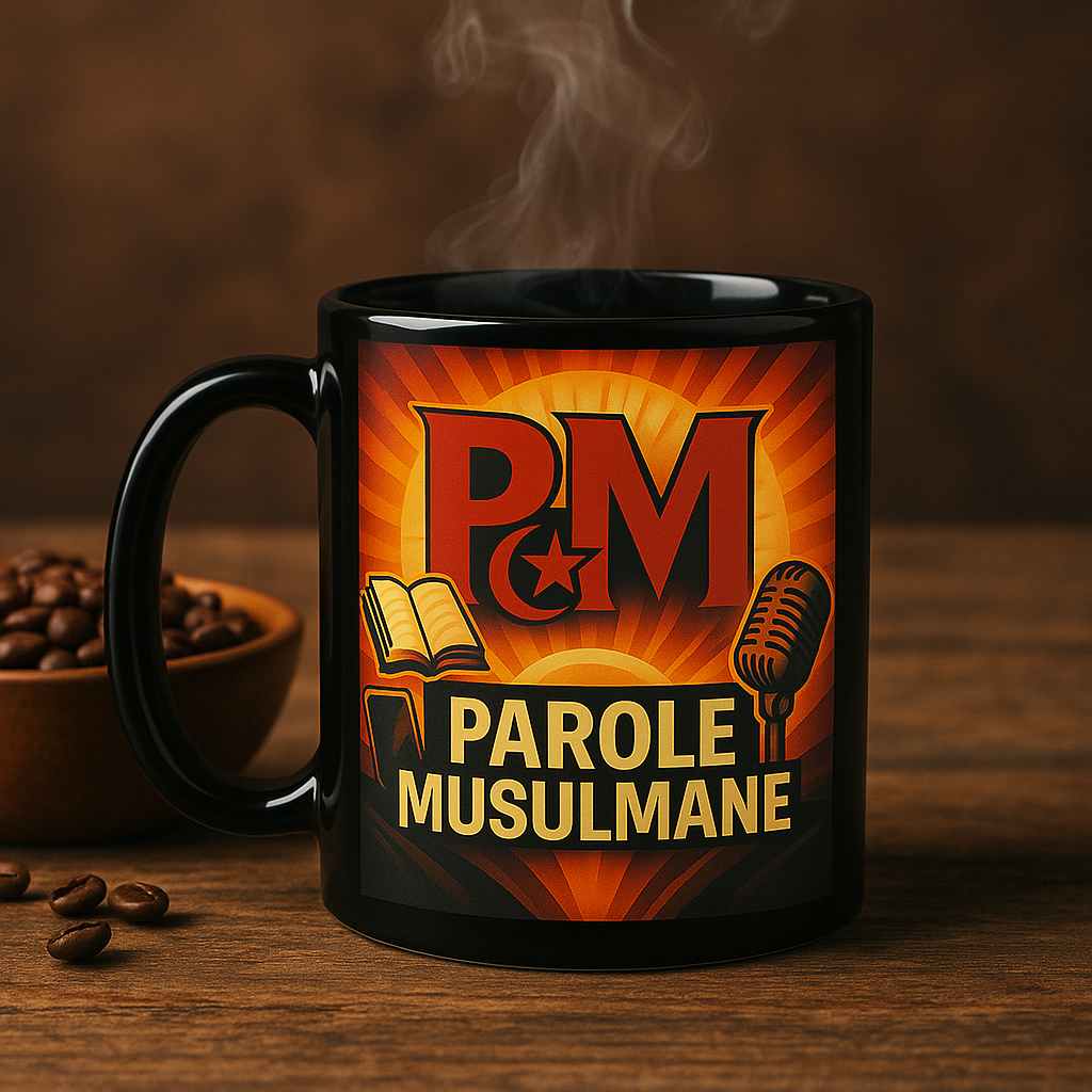 Mug noir Parole Musulmane – Cadeau islamique original avec design PM, livre, micro et croissant étoilé – Tasse café stylée pour musulmans engagés – Boutique islam & culture musulmane – Accessoire déco musulman, parfait pour bureau, cuisine ou podcasting