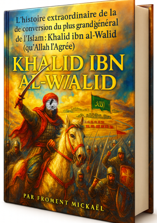 Livret « L’histoire extraordinaire de la conversion de Khalid ibn al-Walid », œuvre en style peinture héroïque montrant le célèbre général musulman à cheval, armure, bannière islamique verte en arrière-plan, ciel dramatique, scène historique détaillée, édition 3D HDR pour boutique en ligne.