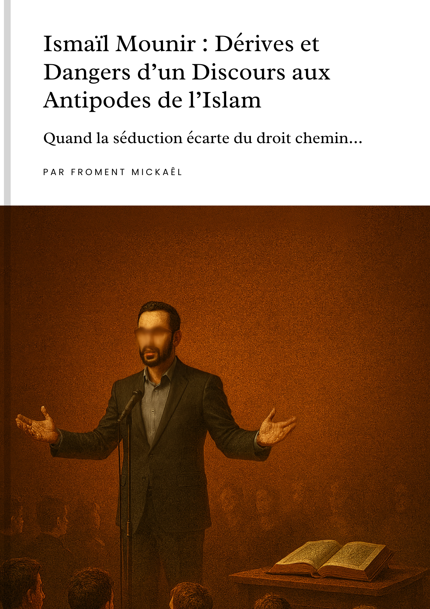 Couverture du livret à télécharger « Ismaïl Mounir : Dérives et Dangers d’un Discours aux Antipodes de l’Islam ». Analyse critique rigoureuse d’un prédicateur influent, réfutation islamique des ambiguïtés modernes, livre PDF à vendre pour comprendre les dérives actuelles de la prédication. Islam authentique, tawhid, hijab, jihad, foi, sunnah, jeunes musulmans, prédication douce, égarement contemporain.
