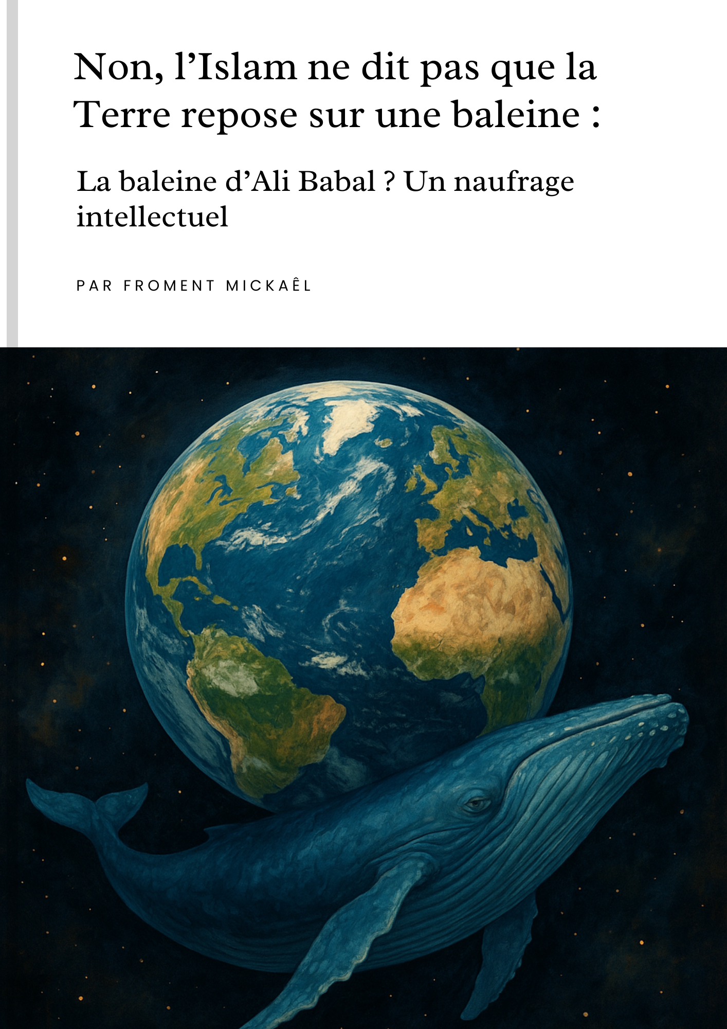 Livret PDF réfutant le mythe selon lequel l’islam enseignerait que la Terre repose sur une baleine. Réponse complète aux accusations d’Ali Babal, avec preuves tirées du Coran, des hadiths authentiques et des avis des savants musulmans. Couverture illustrée en 3D représentant la Terre sur une baleine, titre : "Non, l’Islam ne dit pas que la Terre repose sur une baleine – La baleine d’Ali Babal ? Un naufrage intellectuel" par Froment Mickaël. Contenu clair, réfutation sérieuse, style accessible, utile pour dé