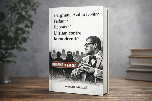 Couverture du livret “Ferghane Azihari contre l’islam : Réponse à L’islam contre la modernité” de Froment Mickaël, en format 3D. Illustration en noir et blanc représentant Ferghane Azihari parlant seul face à des silhouettes de musulmans réduits au silence, avec l’inscription “Interdit de parole”.