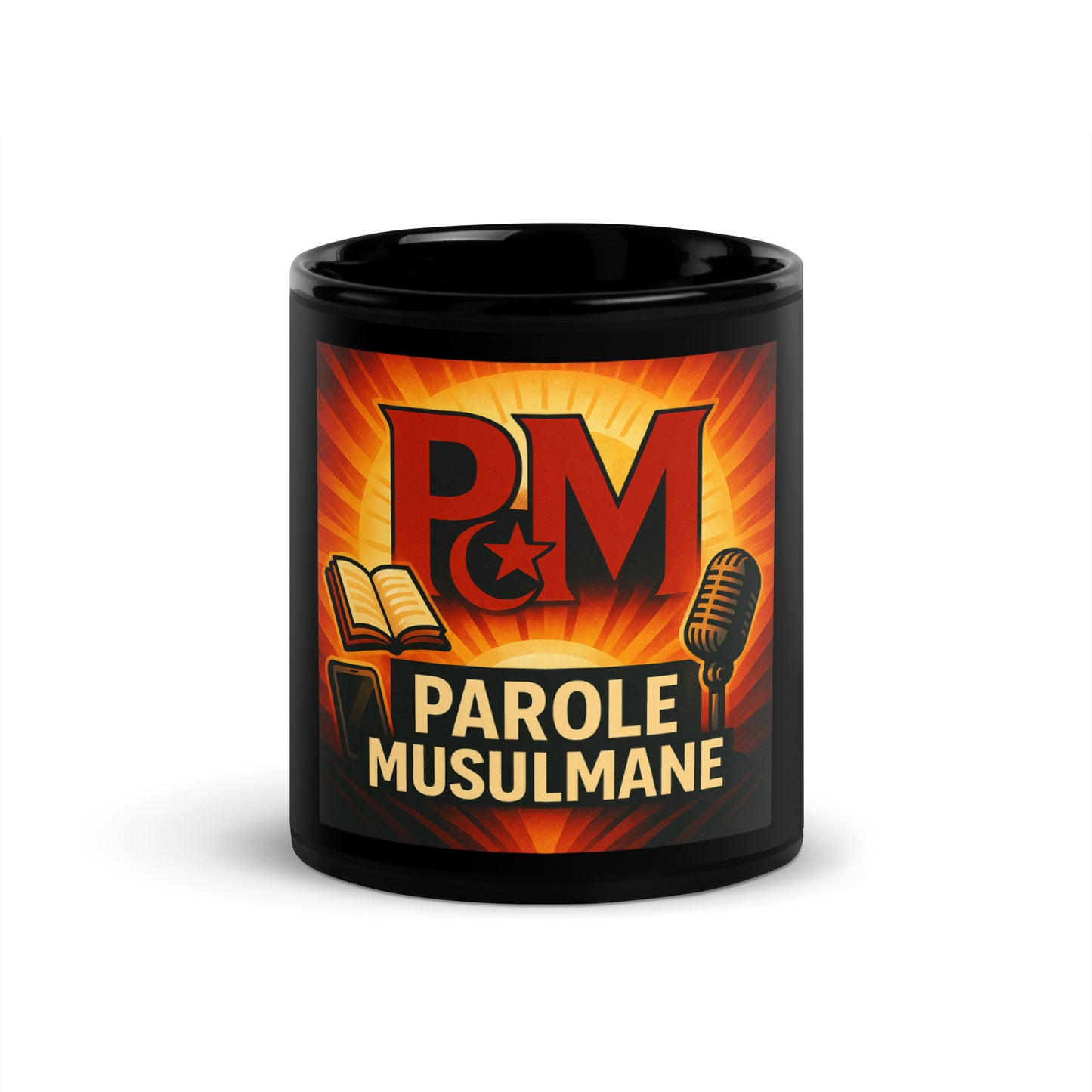Mug noir Parole Musulmane – Cadeau islamique original avec design PM, livre, micro et croissant étoilé – Tasse café stylée pour musulmans engagés – Boutique islam & culture musulmane – Accessoire déco musulman, parfait pour bureau, cuisine ou podcasting