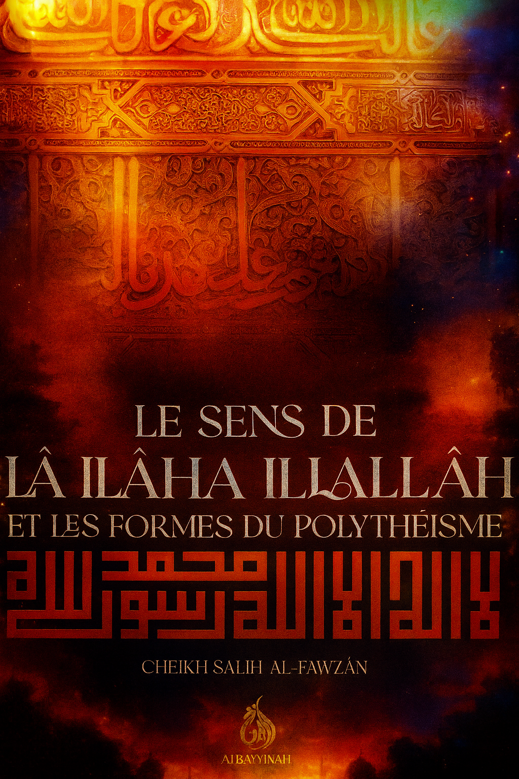 Couverture du livre "Le Sens de Lâ Ilâha Illallâh et les Formes du Polythéisme" de Cheikh Sâlih Al-Fawzân – édition Al Bayyinah – Calligraphie islamique, design HDR cinématographique, fond décoratif oriental, thématique tawhid et lutte contre le polythéisme, idéal pour boutique islamique ou librairie musulmane en ligne.