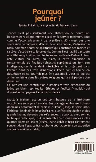 Couverture du livre "Pourquoi jeûner ?" de Mostafa Brahami, illustrée avec un chapelet posé sur une page du Coran, abordant la spiritualité, l’éthique et les finalités du jeûne en islam, avec des textes en français et en arabe.