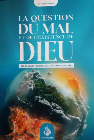 Couverture du livre "La Question du Mal et de l’Existence de Dieu" du Dr Sami 'Ameri, posée sur une étagère en bois dans une bibliothèque, illustrant un globe partagé entre feu et verdure, symbolisant le problème du mal et la foi.