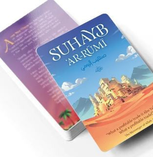 Jeu éducatif Sahaba Cards – Apprends à connaître les compagnons du Prophète ﷺ. Jeu de cartes interactif en anglais pour enfants, produit par Learning Roots, ludique et instructif pour découvrir les figures emblématiques de l’Islam.