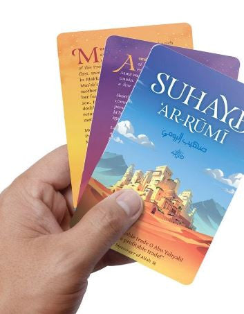Jeu éducatif Sahaba Cards – Apprends à connaître les compagnons du Prophète ﷺ. Jeu de cartes interactif en anglais pour enfants, produit par Learning Roots, ludique et instructif pour découvrir les figures emblématiques de l’Islam.