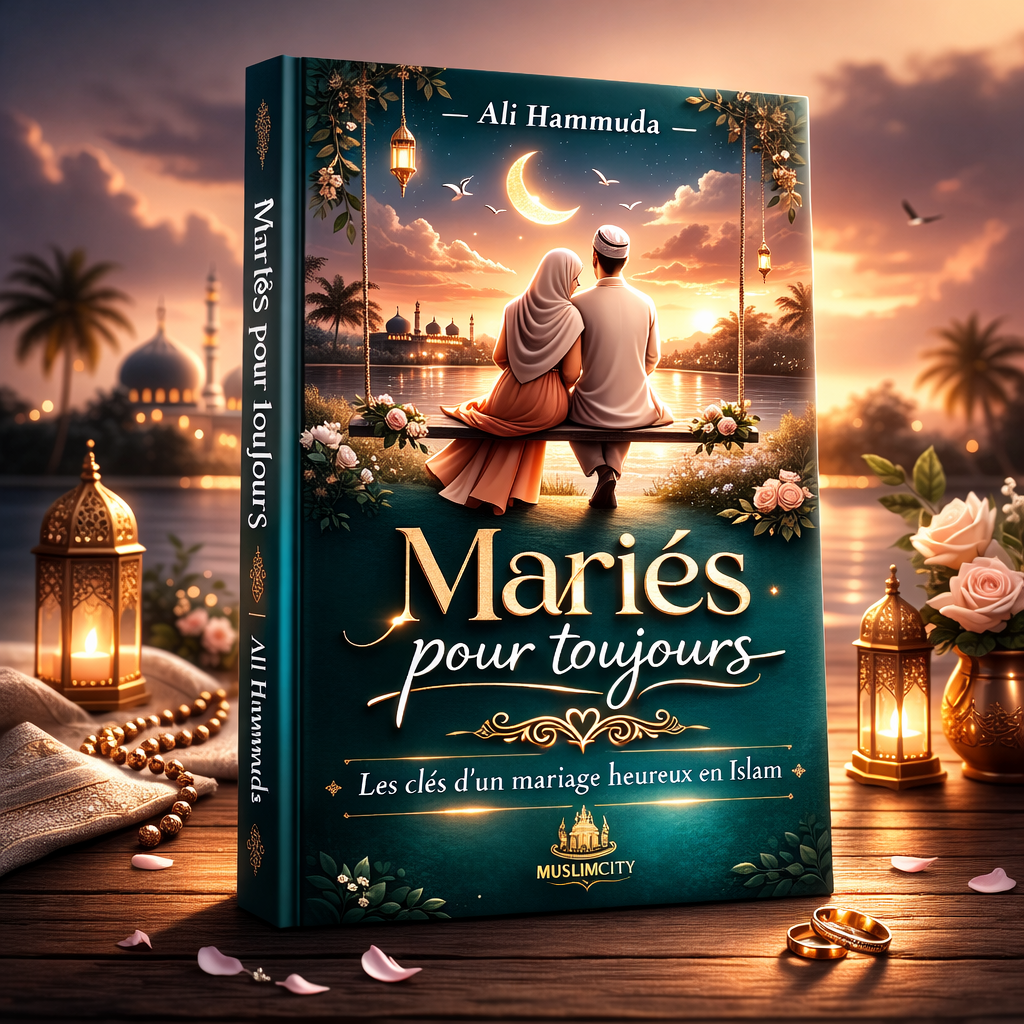 Livre Mariés pour toujours d’Ali Hammuda en format 3D, guide islamique sur le mariage heureux, couple musulman au coucher du soleil, édition MuslimCity
