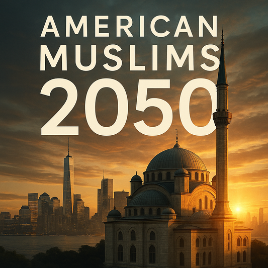 “2050: American Muslims at the Crossroads of History” book cover by Froment Mickaël, depicting a mosque and the American skyline, exploring the future of Islam and Muslim identity in the United States.
