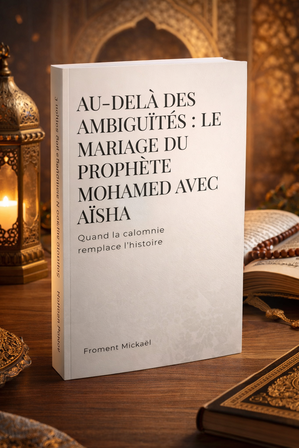 Livre “Au-delà des ambiguïtés : Le mariage du Prophète Mohamed avec Aïsha” de Froment Mickaël, édition brochée blanche en mise en scène 3D élégante avec décor oriental et ambiance chaleureuse.