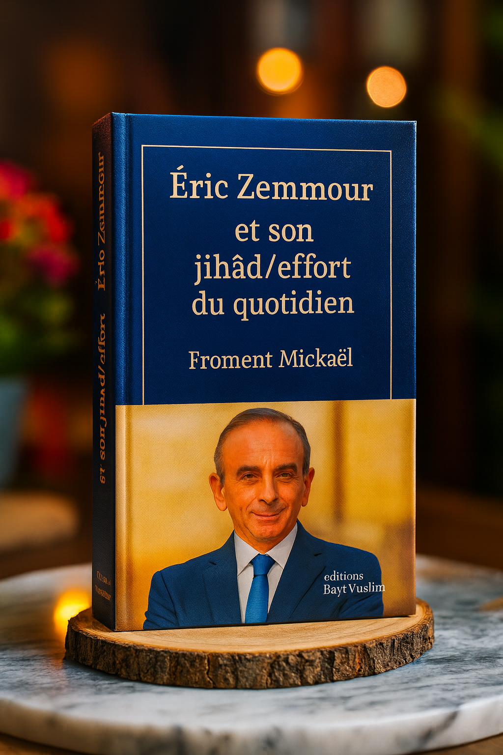 Couverture du livre Éric Zemmour et son jihâd/effort du quotidien de Froment Mickaël, Éditions BaytMuslim — réfutation musulmane du discours de haine d’Éric Zemmour, exposant le vrai sens du jihâd en islam, livre 3D HDR posé sur une table, visuel haut en couleurs, produit islamique intellectuel et engagé.