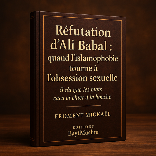 ALI BABAL INCROYABLE ISLAM - Couverture du livret islamique “Réfutation d’Ali Babal : quand l’islamophobie tourne à l’obsession sexuelle” de Froment Mickaël, Éditions BaytMuslim. Livre 3D couleurs chaudes HDR, posé sur un décor oriental. Ouvrage de 28 pages défendant le hadith authentique entre Sawda et ʿUmar (qu’Allah les agrée), expliquant la sagesse du hijab, la pudeur et la dignité des épouses du Prophète ﷺ face aux attaques islamophobes.