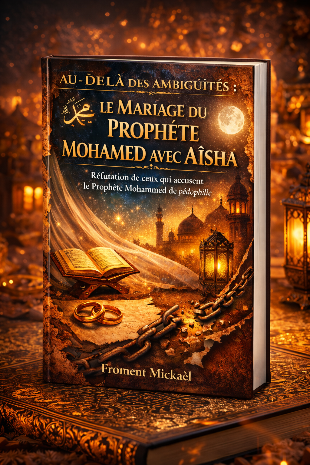 Livre islamique de réflexion historique et théologique intitulé Au-delà des ambiguïtés : le mariage du Prophète Mohamed - Mahomet - avec Aïsha, par Froment Mickaël, proposant une analyse contextualisée et sourcée des sources islamiques face aux accusations contemporaines de pédophilie.