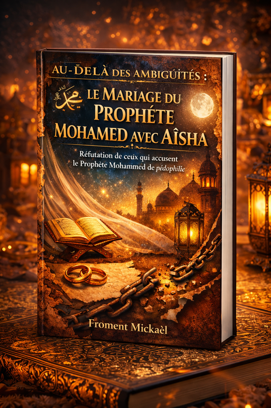 Livre islamique de réflexion historique et théologique intitulé Au-delà des ambiguïtés : le mariage du Prophète Mohamed - Mahomet - avec Aïsha, par Froment Mickaël, proposant une analyse contextualisée et sourcée des sources islamiques face aux accusations contemporaines de pédophilie.