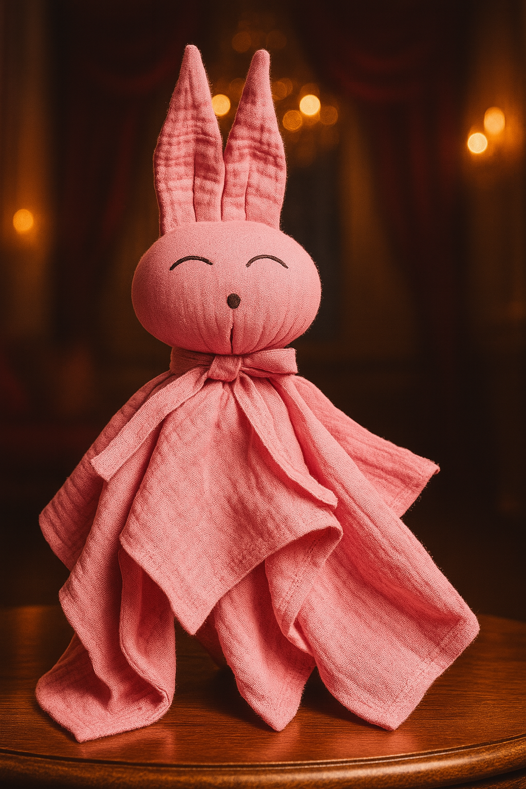 Doudou lapin en coton tout doux, coloris rose tendre, avec de longues oreilles et un visage apaisant cousu à la main. Idéal pour apaiser bébé et l'accompagner dès la naissance