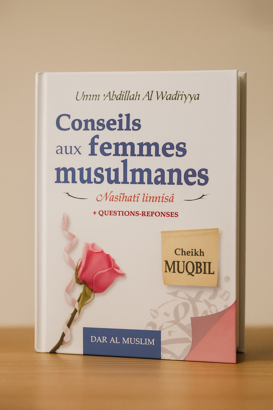 Photographie du livre Conseils aux femmes musulmanes de Umm ‘Abdillah Al-Wâdiriyya, posé debout sur une surface en bois clair, avec une couverture blanche décorée d’une rose rose et de calligraphies colorées en bleu et rouge. Le titre est accompagné d’un encart doré mentionnant Cheikh Muqbil, dans une ambiance douce et chaleureuse