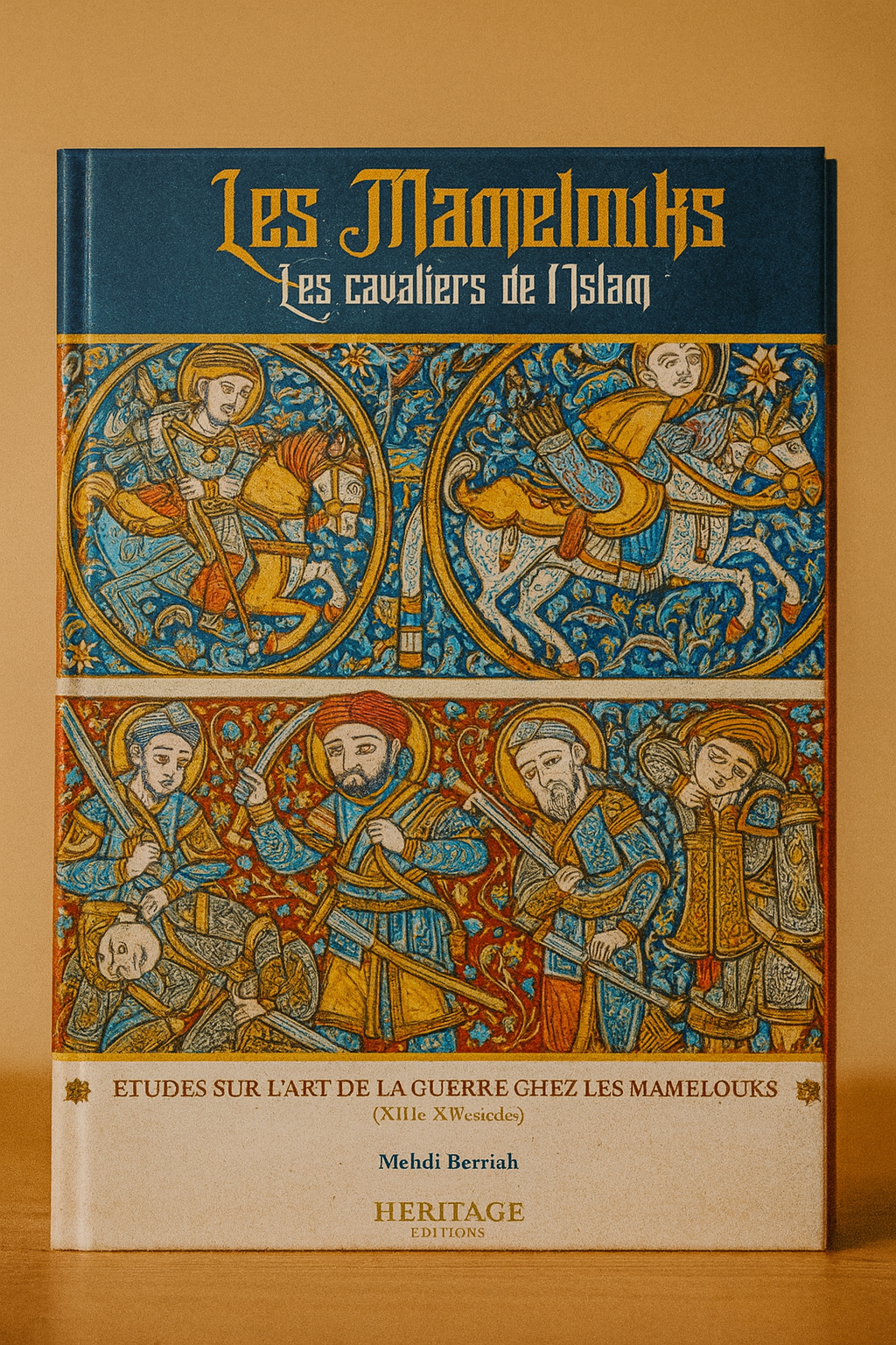 Photographie du livre Les Mamelouks – Les cavaliers de l’Islam de Mehdi Berriah, mis en valeur sur fond beige. La couverture richement illustrée s’inspire de miniatures orientales, représentant des guerriers mamelouks en armes dans des tons éclatants de bleu, or, rouge et blanc. Le titre en lettres gothiques domine l’ouvrage, qui traite de l’art de la guerre chez les Mamelouks aux XIIIe et XIVe siècles