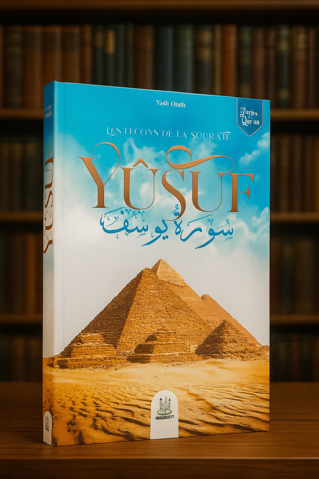 Photographie du livre Les leçons de la sourate Yûsuf de Yasir Qadhi, mis en valeur debout devant une bibliothèque richement garnie. La couverture présente une illustration éclatante des pyramides d'Égypte sous un ciel bleu vif, avec une calligraphie arabe élégante accompagnant le titre en lettres dorées. Une atmosphère lumineuse et spirituelle entoure l’ouvrage.