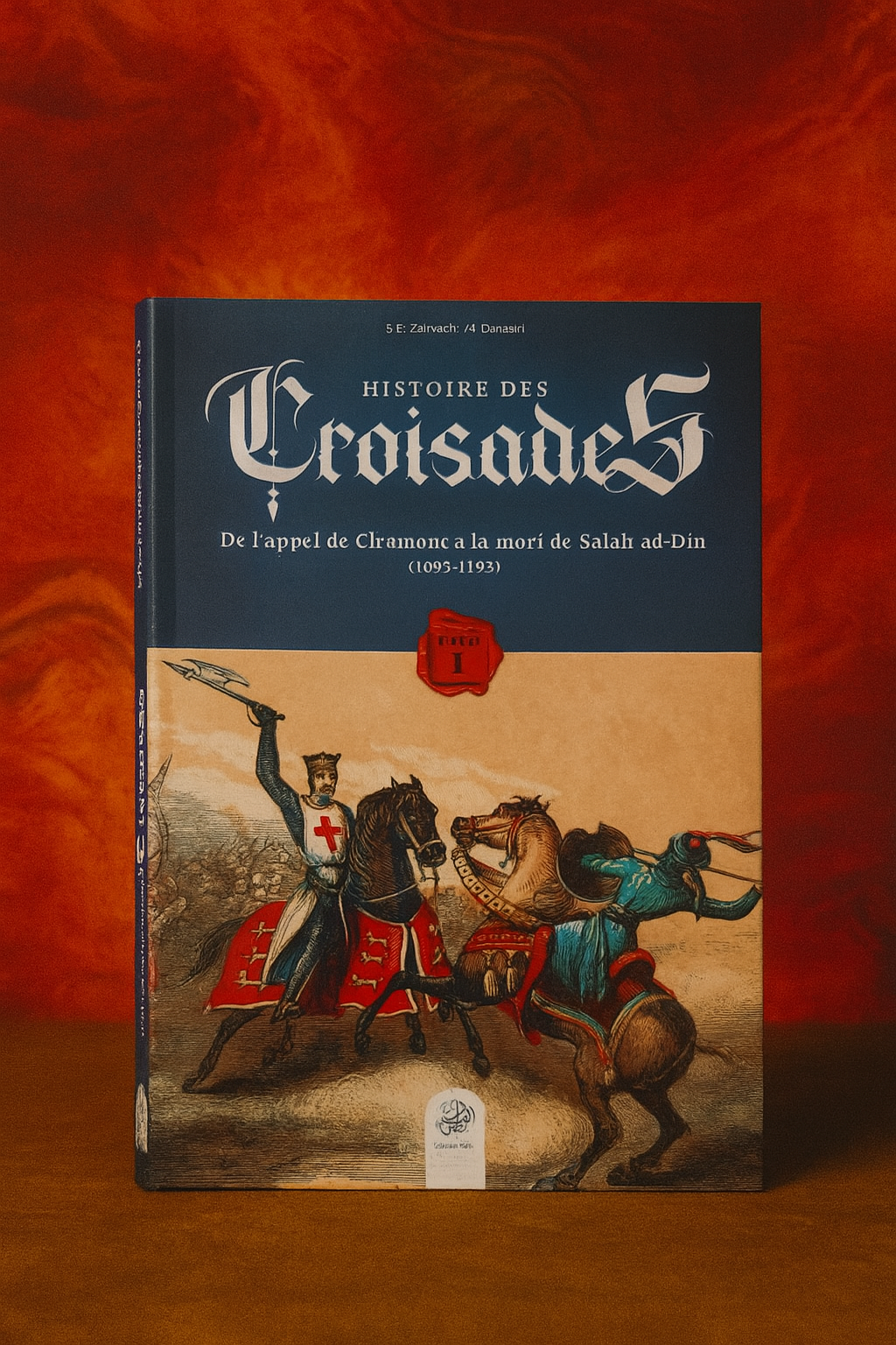 Couverture du livre "Histoire des Croisades – De l'appel de Clermont à la mort de Salah ad-Dîn", illustrant un affrontement entre un croisé et un cavalier musulman, avec un fond haut en couleur inspiré de la chaleur du conflit et de l’époque