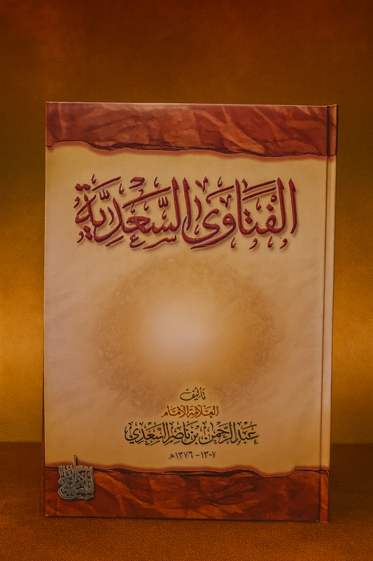 Couverture du livre "الفَتاوى السَعدية" (Les Fatwas de Sa‘diyyah) du grand savant Abdel-Rahman ibn Nasser Al-Sa‘dî, une référence incontournable de la jurisprudence islamique hanbalite. Un ouvrage au design raffiné, présenté sur un fond décoratif original, parfait pour enrichir toute bibliothèque musulmane.