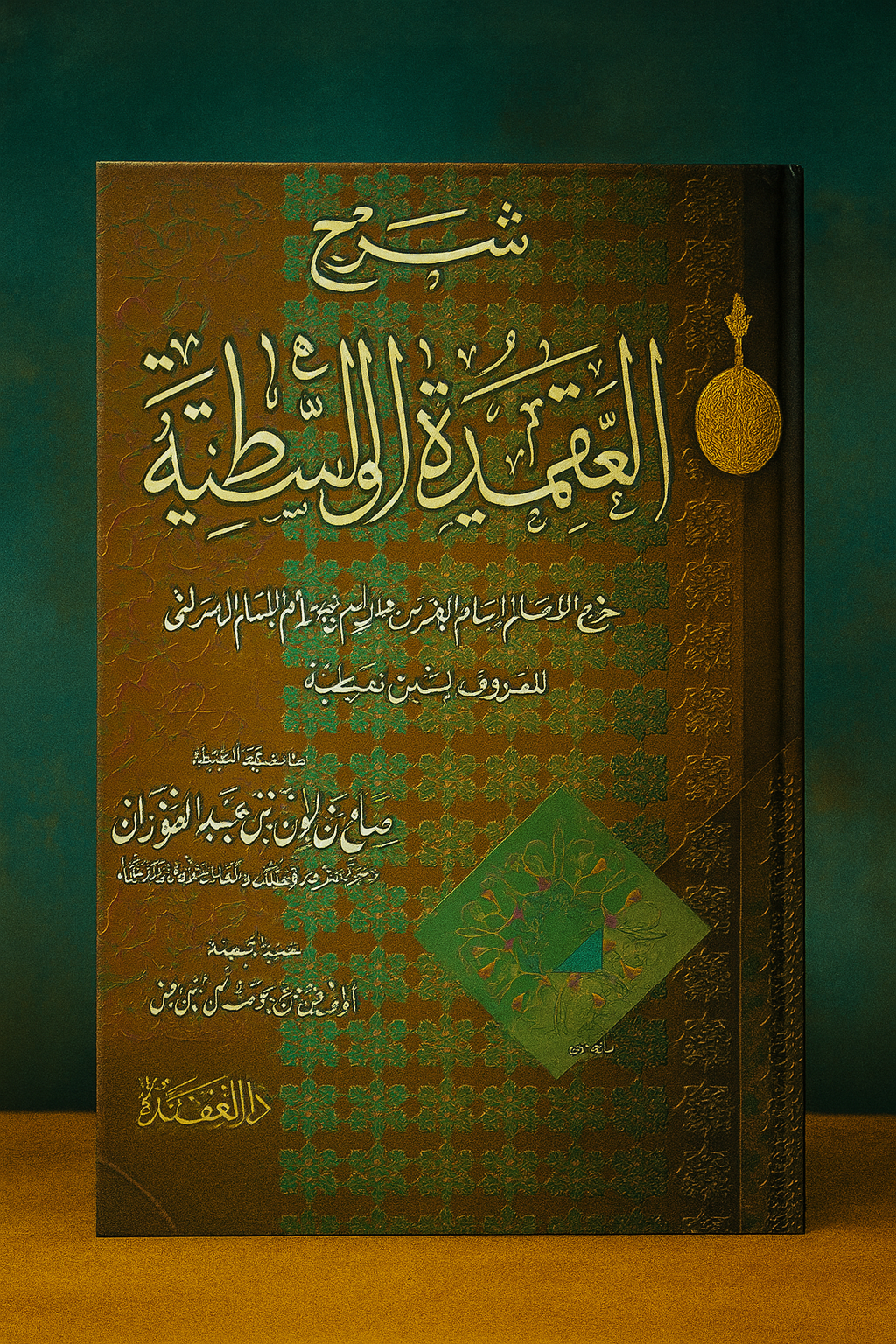 Couverture du livre 'شرح العقيدة الواسطية' (Commentaire de l'Aqida Al-Wasitiyya), une œuvre majeure d'explication de la croyance islamique authentique, basée sur l'ouvrage de l'imam Ibn Taymiyya, expliquée par le cheikh Salih al-Fawzan. Fond richement décoré avec des motifs géométriques traditionnels et des couleurs chaudes et intenses.