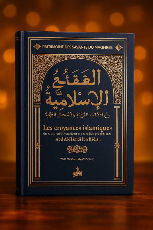 « Couverture du livre "Les croyances islamiques" de ‘Abd Al-Hamid Ibn Badîs, écrit en arabe et en français. L’ouvrage présente les fondements de la foi musulmane tirés du Coran et de la Sunna. Le design est orné de motifs andalous dorés sur fond bleu nuit, avec l'inscription “Patrimoine des savants du Maghreb” en haut.