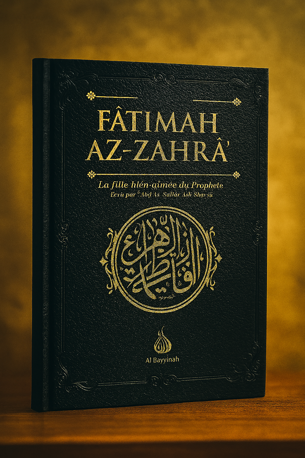 Couverture du livre 'Fâtimah Az-Zahrâ’ – La fille bien-aimée du Prophète ﷺ', écrit par 'Abd As-Sattâr Ash-Shaykh, publié par les éditions Al Bayyinah. L'ouvrage rend hommage à la noble fille du Prophète ﷺ, avec une couverture élégante noir et or, ornée de calligraphie arabe raffinée.