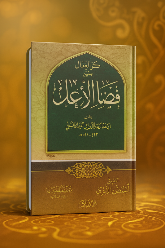Couverture d’un livre islamique intitulé « فضائل الأعمال » (Les Mérites des Œuvres), écrit par l’imam Muhammad ibn Shuʿbah al-Maqdisī. La couverture arbore un encadrement en forme d’arc avec une calligraphie arabe élégante sur fond vert foncé, et un motif ornemental doré en bas. L’ensemble est présenté sur un fond raffiné et lumineux.
