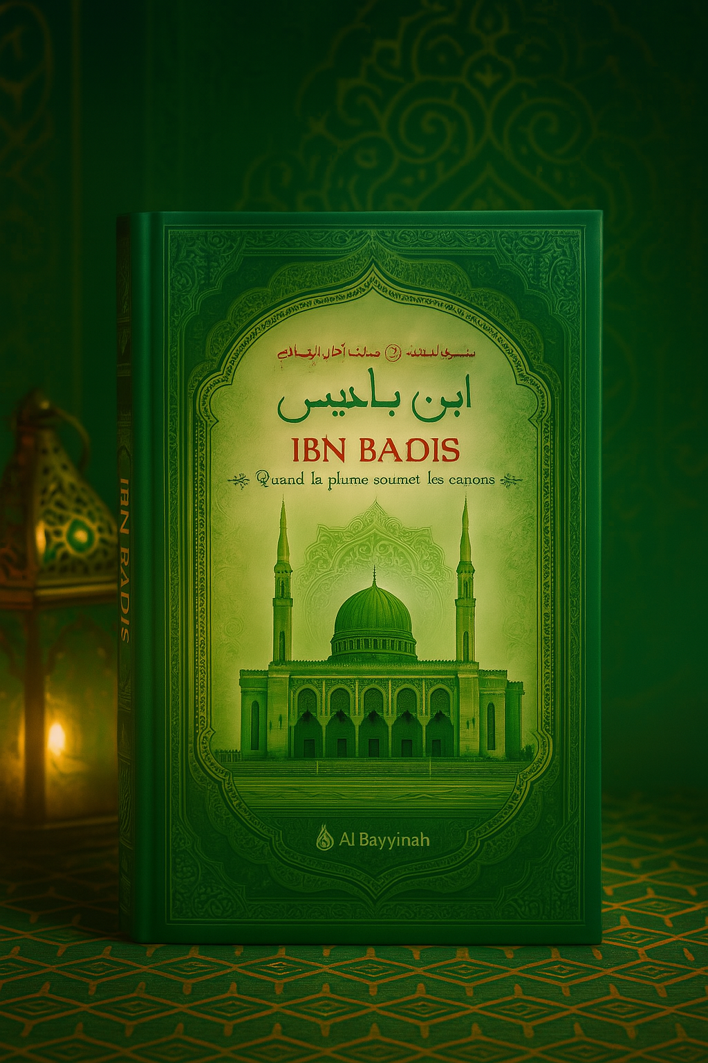 Couverture élégante du livre IBN BADIS – Quand la plume soumet les canons, sublimée dans un décor islamique raffiné aux tons verts profonds. Le livre est mis en valeur au centre, entouré de motifs géométriques et d’une lanterne orientale éclairée en arrière-plan, évoquant la sagesse et la lumière du savoir.