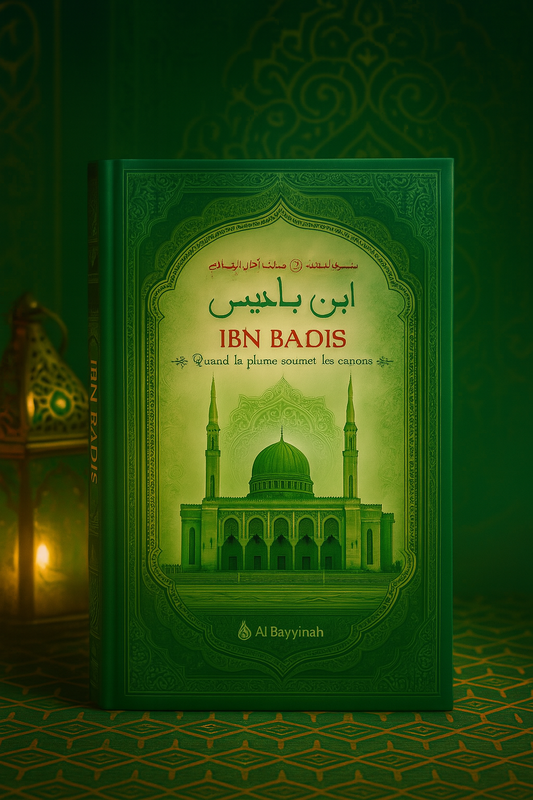 Couverture élégante du livre IBN BADIS – Quand la plume soumet les canons, sublimée dans un décor islamique raffiné aux tons verts profonds. Le livre est mis en valeur au centre, entouré de motifs géométriques et d’une lanterne orientale éclairée en arrière-plan, évoquant la sagesse et la lumière du savoir.