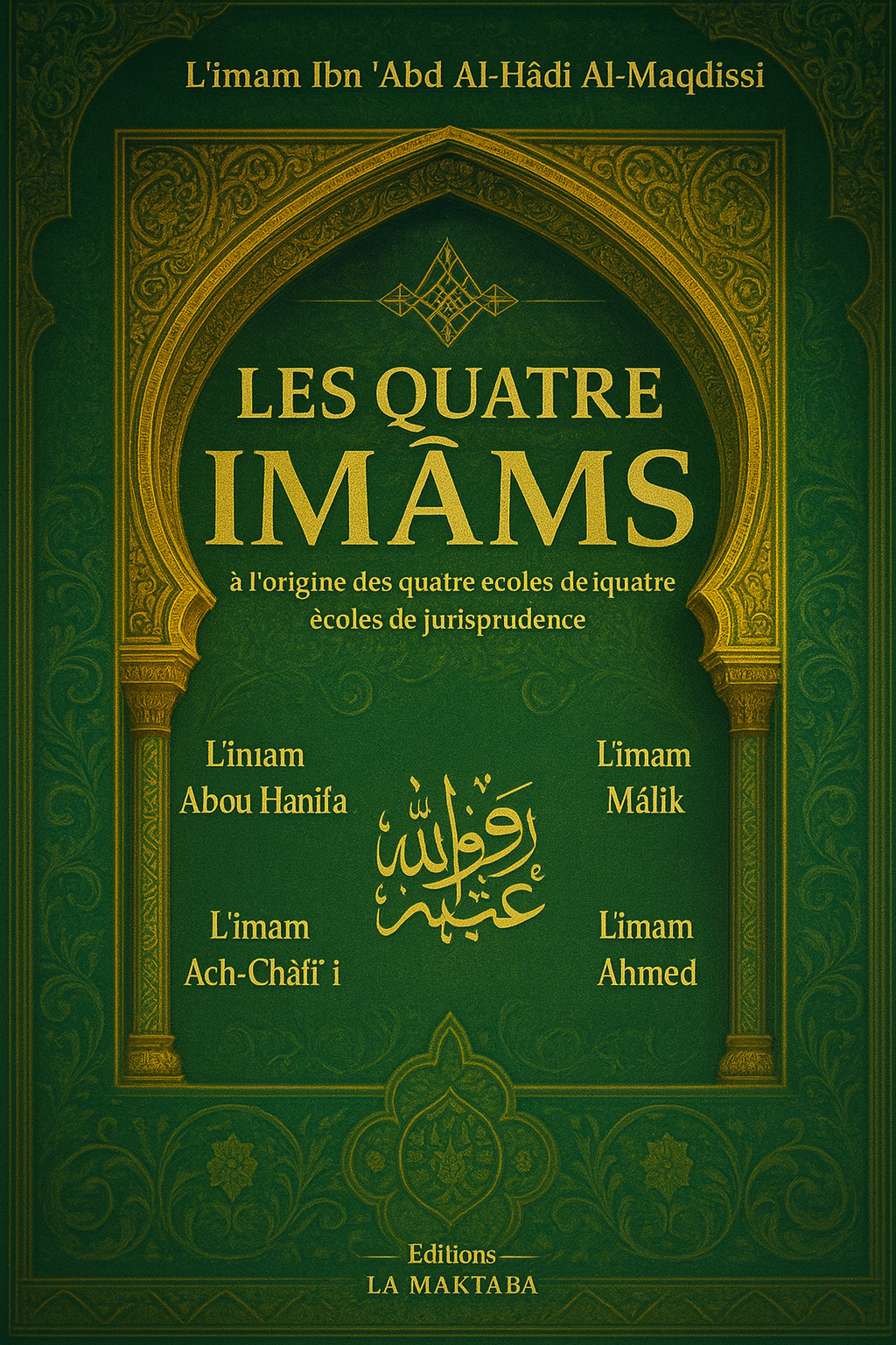 Couverture du livre Les Quatre Imâms de l’imam Ibn ‘Abd Al-Hâdî Al-Maqdîssî, ornée d’un cadre architectural arabo-andalou doré sur fond vert profond. Les noms des quatre grands imams fondateurs des écoles de jurisprudence y sont élégamment disposés autour d’une calligraphie arabe centrale, mettant en valeur le patrimoine islamique classique.