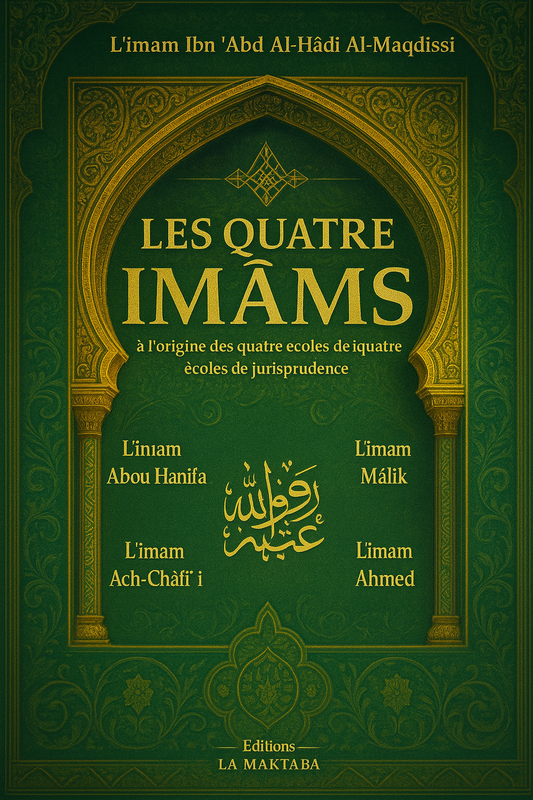 Couverture du livre Les Quatre Imâms de l’imam Ibn ‘Abd Al-Hâdî Al-Maqdîssî, ornée d’un cadre architectural arabo-andalou doré sur fond vert profond. Les noms des quatre grands imams fondateurs des écoles de jurisprudence y sont élégamment disposés autour d’une calligraphie arabe centrale, mettant en valeur le patrimoine islamique classique.