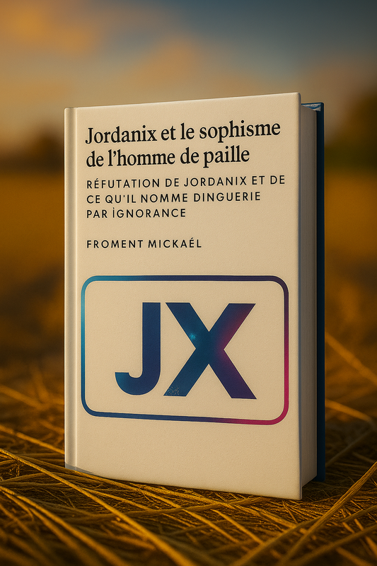 Livre Jordanix et le sophisme de l’homme de paille de Froment Mickaël – réfutation claire et argumentée des propos de Jordanix et de ce qu’il qualifie à tort de « dinguerie ». Ouvrage analytique, rigoureux et accessible, dénonçant les sophismes et les manipulations intellectuelles employées contre l’islam et la raison. Couverture moderne avec le logo JX, livre 3D posé sur de la paille, photographié dans une lumière dorée.