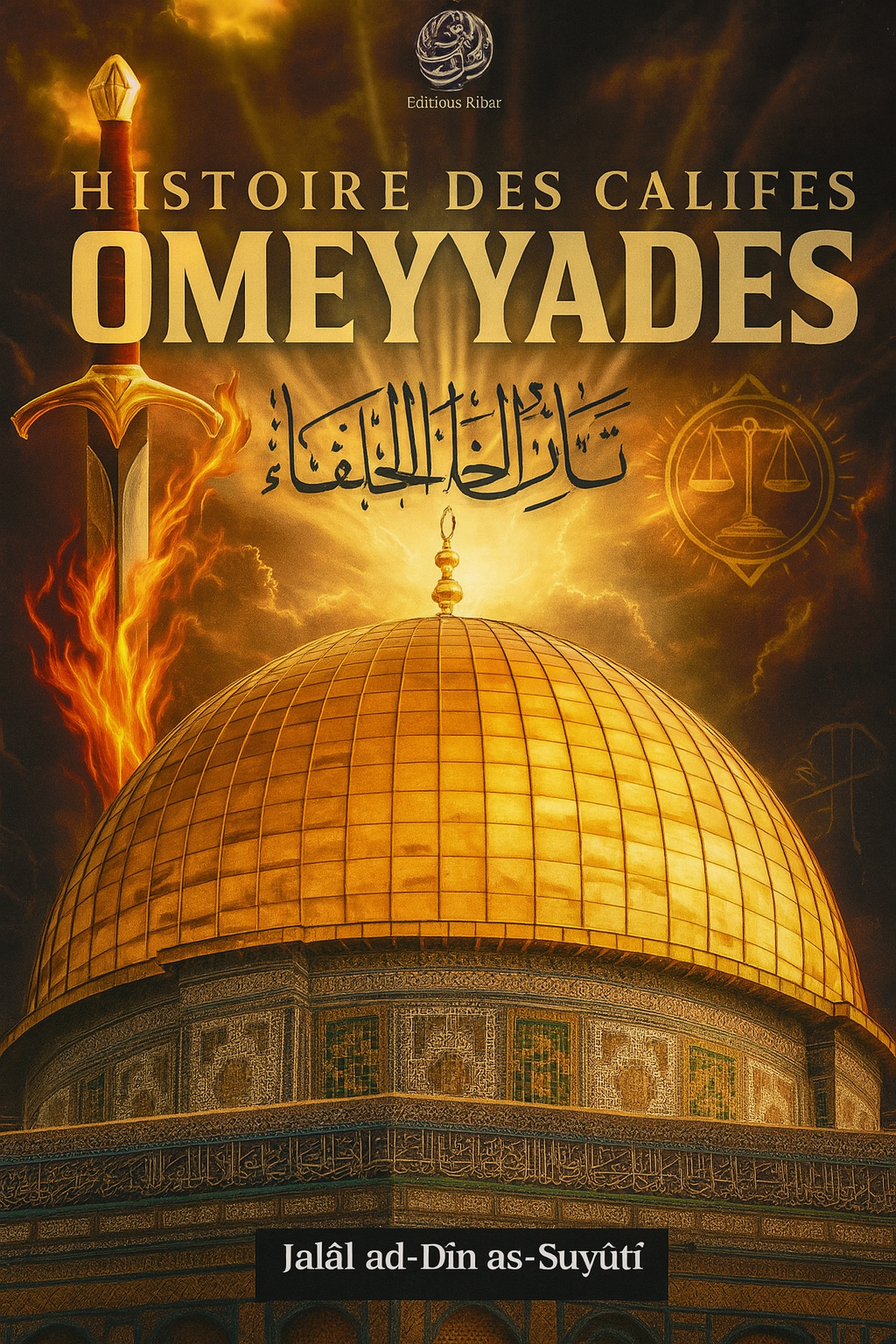 Couverture du livre Histoire des Califes Omeyyades de Jalâl ad-Dîn as-Suyûtî, édité par Éditions Ribât. L’image met en valeur le Dôme du Rocher doré, symbole fort de l’histoire islamique, sur fond dramatique aux couleurs chaudes et célestes. Des éléments visuels puissants comme une épée enflammée et une balance de justice évoquent la grandeur, la force et l’équité du califat omeyyade.