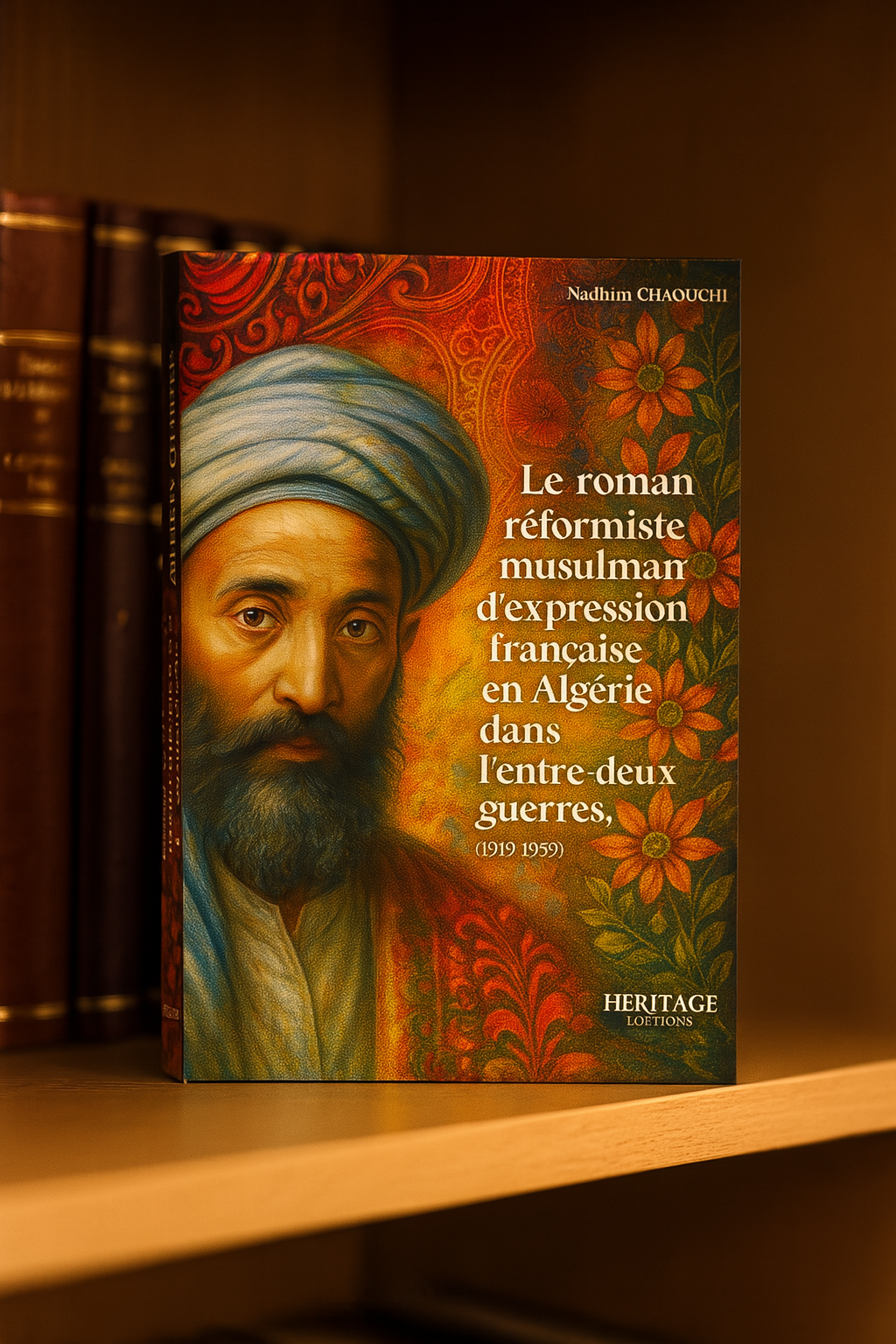 Livre "Le roman réformiste musulman d'expression française en Algérie (1919-1939)" de Nadhim Chaouchi, posé sur une étagère en bois clair, entouré d'autres ouvrages reliés, avec une couverture haute en couleur représentant un homme barbu en turban et un fond floral chaleureux.