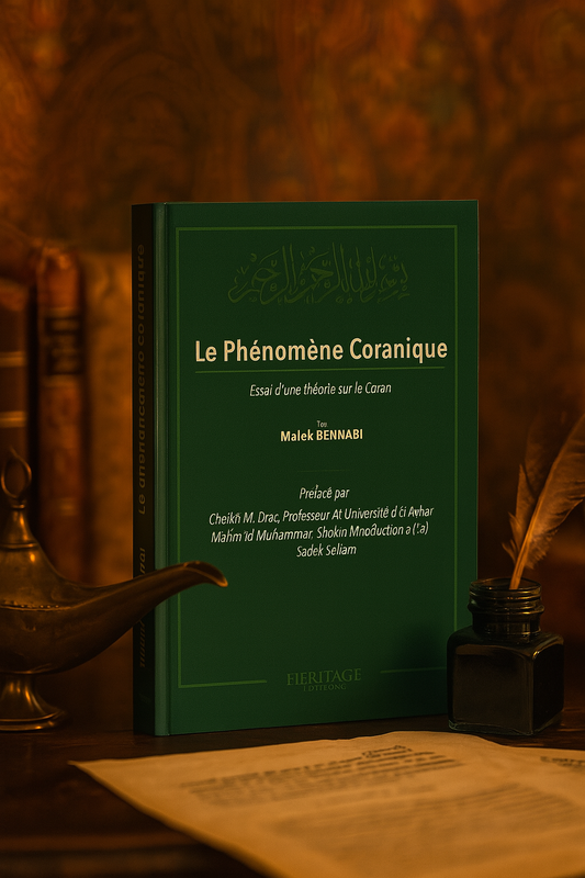Livre "Le Phénomène Coranique" de Malek Bennabi posé sur un bureau ancien, entouré d’une lampe orientale, d’un encrier avec plume et de parchemins, dans une ambiance chaleureuse et studieuse, évoquant l’univers des grands penseurs musulman