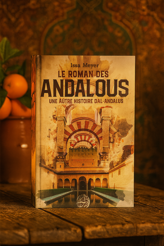 Livre "Le Roman des Andalous – Une autre histoire d’Al-Andalus" de Issâ Meyer présenté debout sur une table en bois ancien, dans une ambiance chaleureuse aux tons andalous, avec des motifs arabesques en arrière-plan et des oranges en pot à côté, évoquant la richesse culturelle et historique d’Al-Andalus