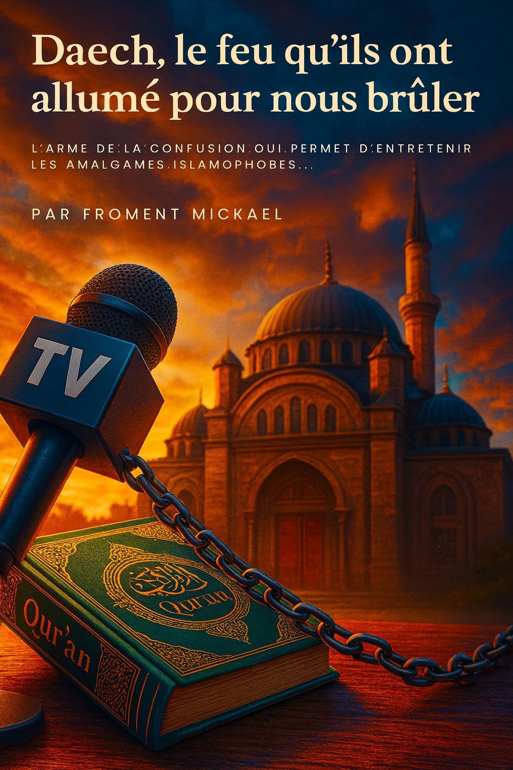 Couverture du livret “Daech, le feu qu’ils ont allumé pour nous brûler” de Froment Mickaël. Ouvrage engagé sur la manipulation médiatique, la création géopolitique de Daech et l’islamophobie d’État en France. Livre HDR 3D illustrant un micro de télévision enchaîné à une mosquée, symbole de la censure et du deux-poids-deux-mesures envers les musulmans.