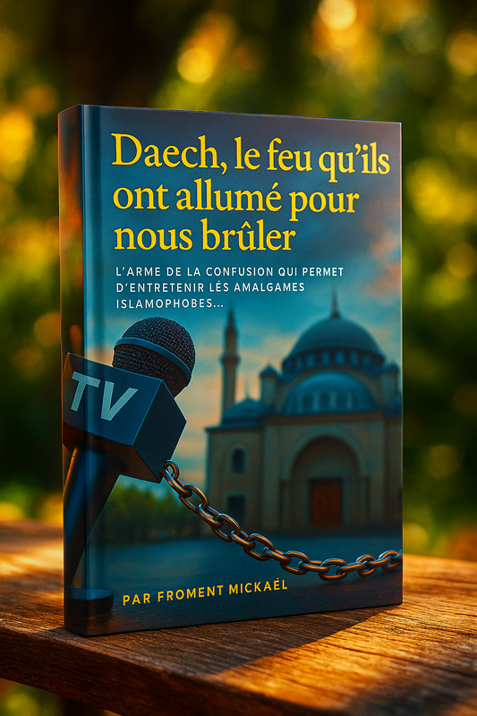 Couverture du livret “Daech, le feu qu’ils ont allumé pour nous brûler” de Froment Mickaël. Ouvrage engagé sur la manipulation médiatique, la création géopolitique de Daech et l’islamophobie d’État en France. Livre HDR 3D illustrant un micro de télévision enchaîné à une mosquée, symbole de la censure et du deux-poids-deux-mesures envers les musulmans.