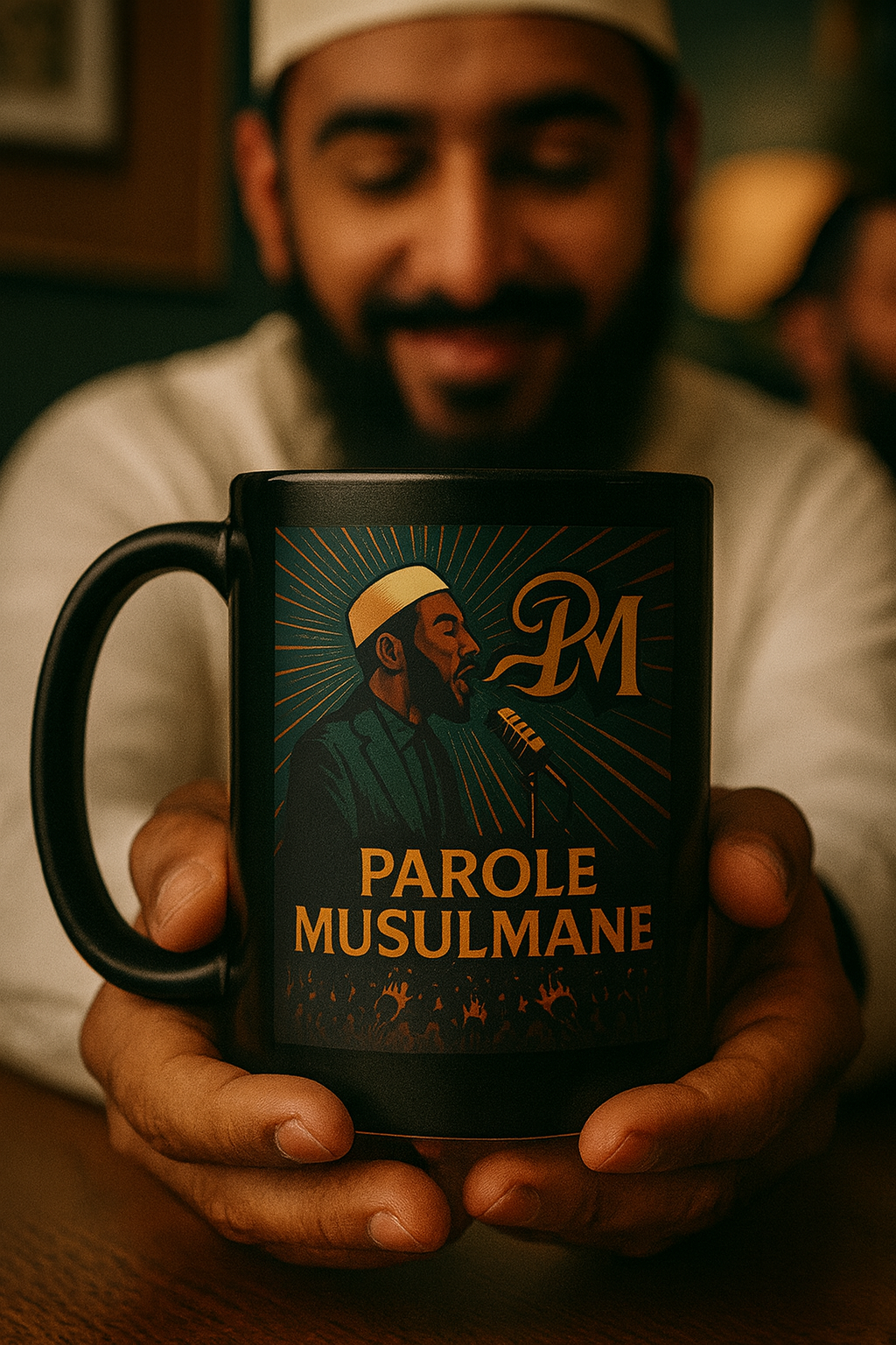 Mug noir « Parole Musulmane » avec illustration dorée d’un homme musulman parlant dans un micro, design vintage sur fond à rayons lumineux, ambiance chaleureuse entre musulmans, idéal pour cadeau ou usage personnel.