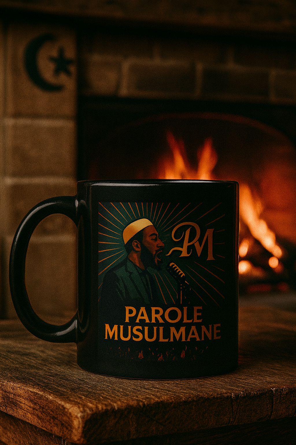 Mug noir « Parole Musulmane » avec illustration dorée d’un homme musulman parlant dans un micro, design vintage sur fond à rayons lumineux, ambiance chaleureuse entre musulmans, idéal pour cadeau ou usage personnel.