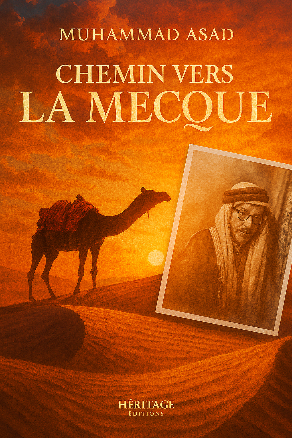 Couverture du livre Chemin vers La Mecque de Muhammad Asad, édition française chez Héritage Éditions. Une scène chaleureuse du désert au coucher du soleil, avec un chameau chargé avançant sur les dunes, symbolise le voyage spirituel. En bas à droite, une photo sépia de l’auteur en tenue traditionnelle arabe souligne le caractère autobiographique de l’ouvrage.