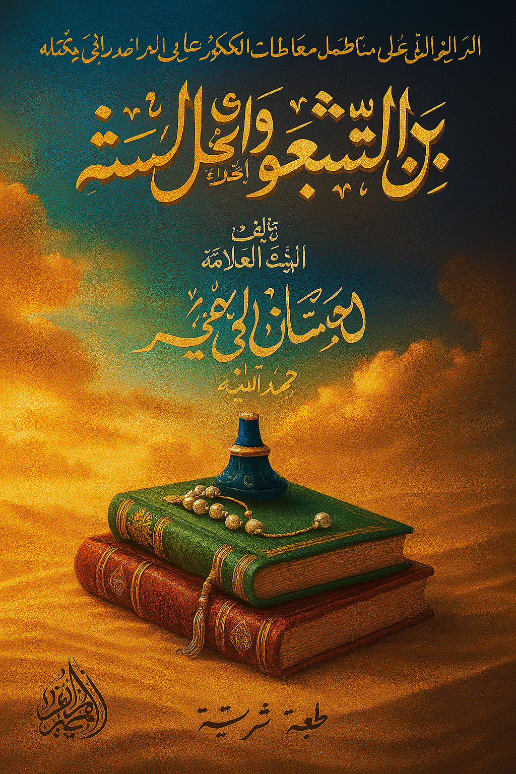 Couverture du livre arabe intitulé بين الشيعة وأهل السنة (Entre les chiites et les sunnites), écrit par le savant cheikh إحسان إلهي ظهير (Ihsan Ilahi Zaheer), رحمه الله. L’image présente un décor raffiné avec un ciel doré, des nuages stylisés et deux livres anciens posés l’un sur l’autre. Sur le dessus, un encrier traditionnel bleu et un chapelet viennent souligner le caractère religieux et académique de l’ouvrage. Le titre et le nom de l’auteur sont inscrits en calligraphie arabe dorée.